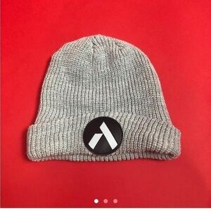 Grey beanie with leather V patch 🤍🖤​​​​​​​​​​​​​​​​​​​​​​​​